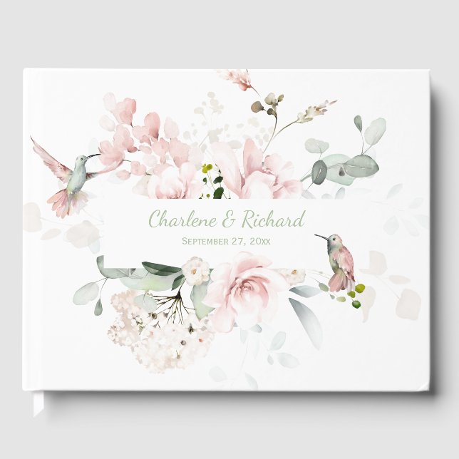 Blush Pink Roses, Hummingbirds, Greenery Floral Guest Book (Front)