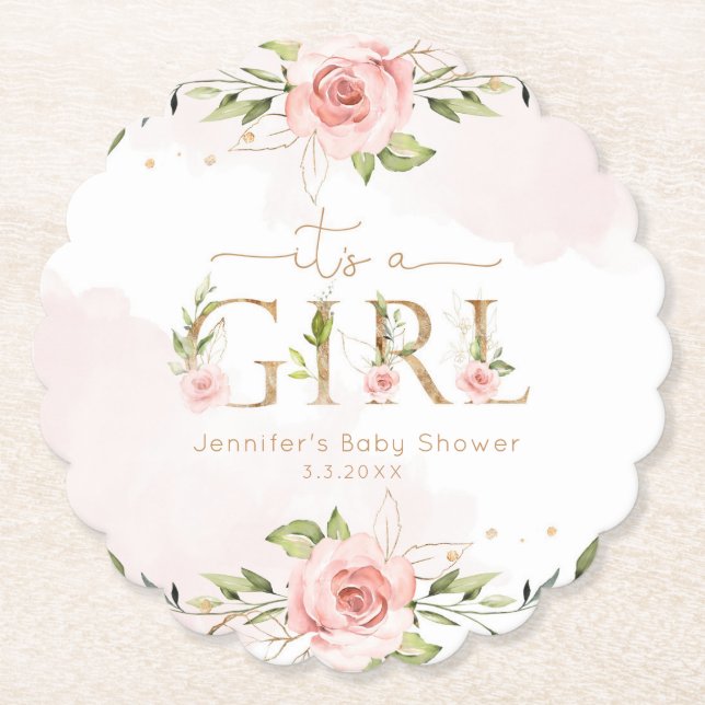Blush pink roses its a girl baby shower paper coaster (Front)