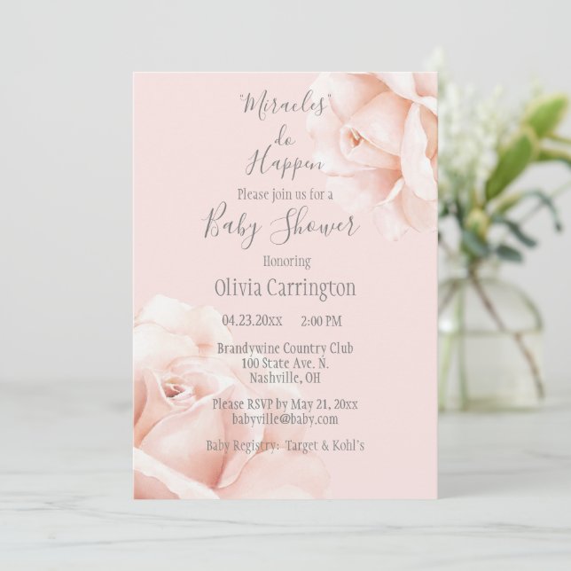 Blush Pink Roses Miracles Do Happen Script Baby Invitation (Standing Front)