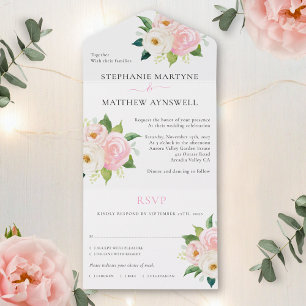 Blush Pink Roses Modern Floral Wedding All In One Invitation