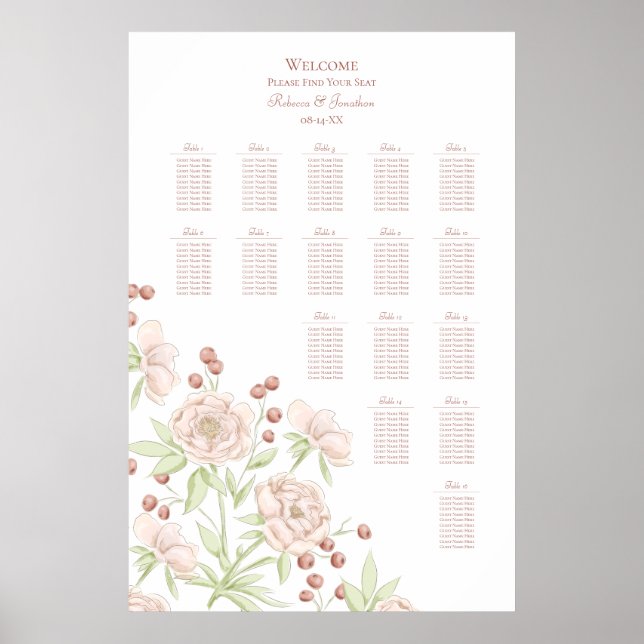 Blush Pink Roses Modern Wedding Seating Chart (Front)
