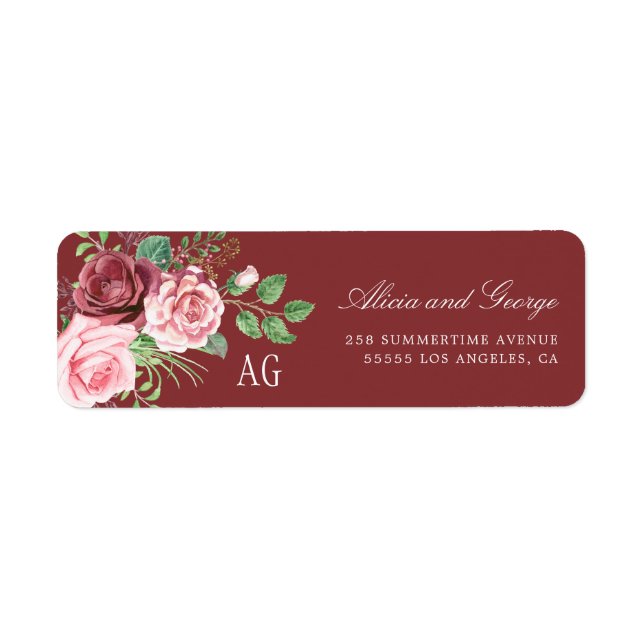 Blush Pink Roses Monogrammed Burgundy Wedding Return Address Label (Front)
