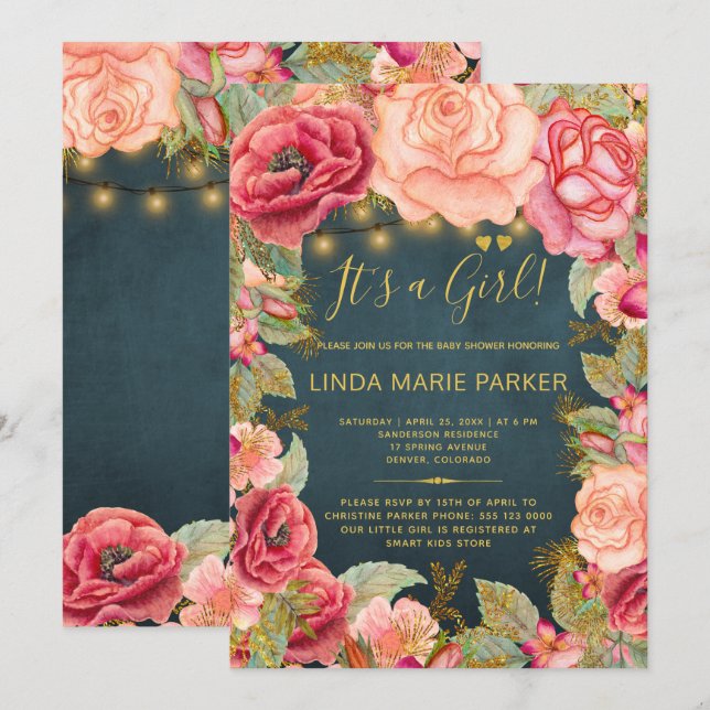 Blush pink roses navy gold lights baby girl shower invitation (Front/Back)