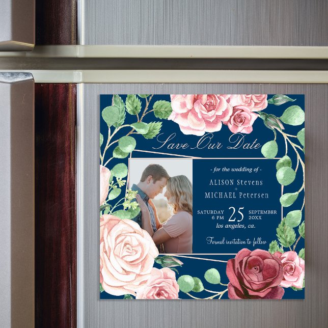 Blush pink roses navy wedding photo save date magnetic invitation (Creator Uploaded)