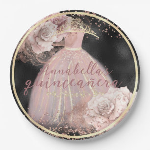 Blush Pink Roses on Black & Gold Quinceañera Paper Plate