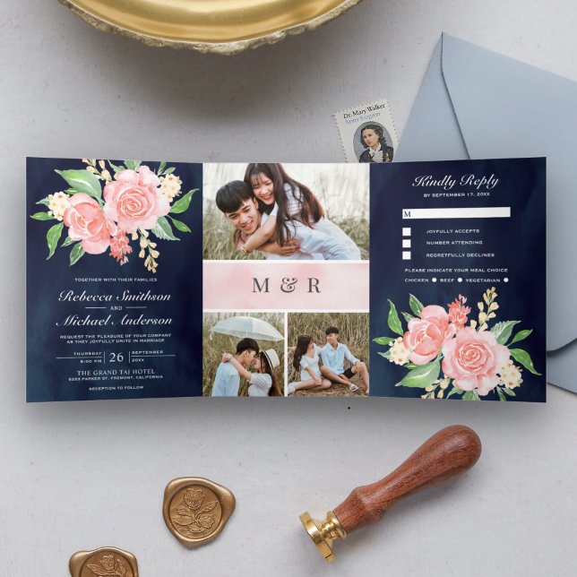 Blush Pink Roses Photo Collage Navy Blue Wedding Tri-Fold Invitation (Creator Uploaded)