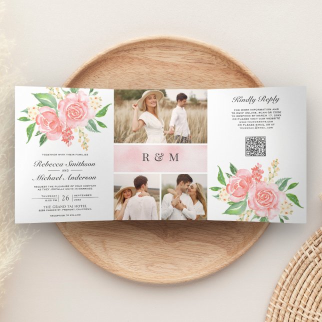 Blush Pink Roses Photo Collage QR Code Wedding Tri-Fold Invitation (Creator Uploaded)