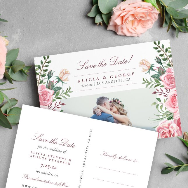 Blush pink roses photo wedding save the date announcement postcard (Creator Uploaded)