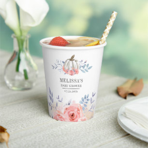 Blush Pink Roses Pumpkin Floral Baby Shower Paper Cups