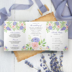 Blush Pink Roses Purple Hydrangea Floral Wedding Tri-Fold Invitation