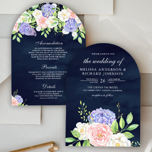 Blush Pink Roses Purple Hydrangea Navy Wedding Invitation