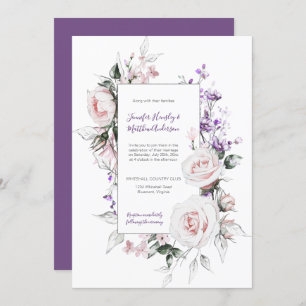 Blush Pink Roses Purple Wildflowers Frame Wedding Invitation