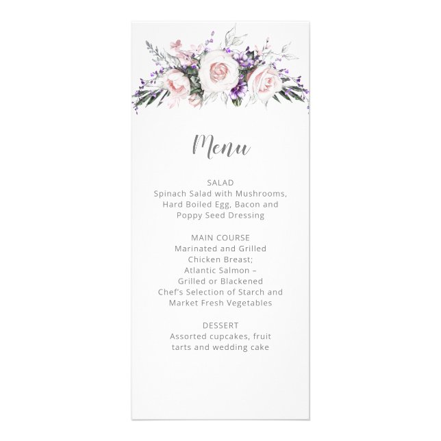 Blush Pink Roses Purple Wildflowers Wedding | Menu (Front)