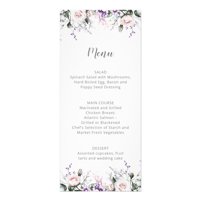 Blush Pink Roses Purple Wildflowers Wedding | Menu (Front)