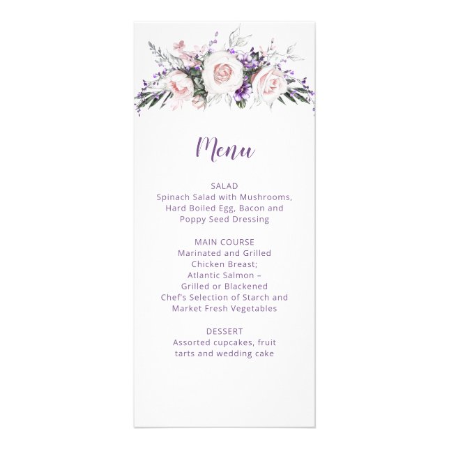 Blush Pink Roses Purple Wildflowers Wedding | Menu (Front)