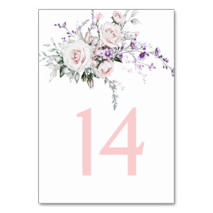Blush Pink Roses Purple Wildflowers Wedding Table Number
