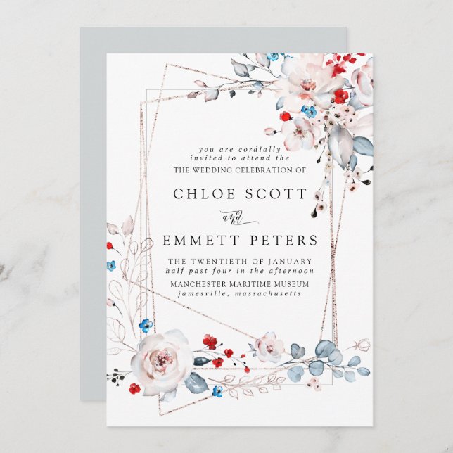 Blush Pink Roses Red and Blue Flowers Wedding Invitation (Front/Back)