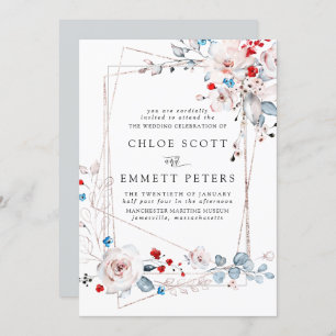 Blush Pink Roses Red and Blue Flowers Wedding Invitation