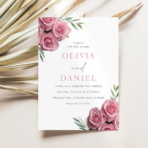 Blush Pink Roses Sage Green Leaves Wedding Invitation