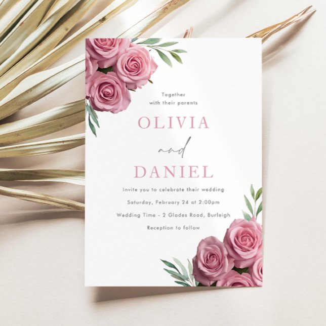 Blush Pink Roses Sage Green Leaves Wedding Invitation (Creator Uploaded)