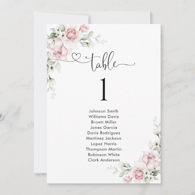 Blush Pink Roses Table Number Seating Chart (Front)