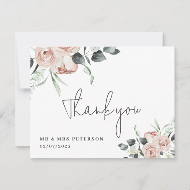 blush pink roses thank you card, wedding thank you invitation (Front)