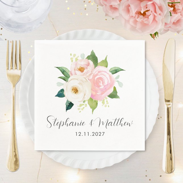 Blush Pink Roses Watercolor Botanical Wedding Napkin (Creator Uploaded)