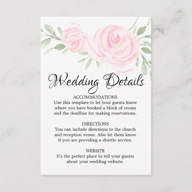 Blush Pink Roses Wedding Details Insert Card (Front)