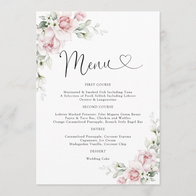 Blush Pink Roses Wedding Menu (Front)