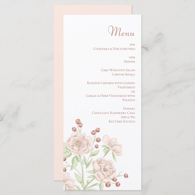 Blush Pink Roses Wedding Modern Menus (Front/Back)