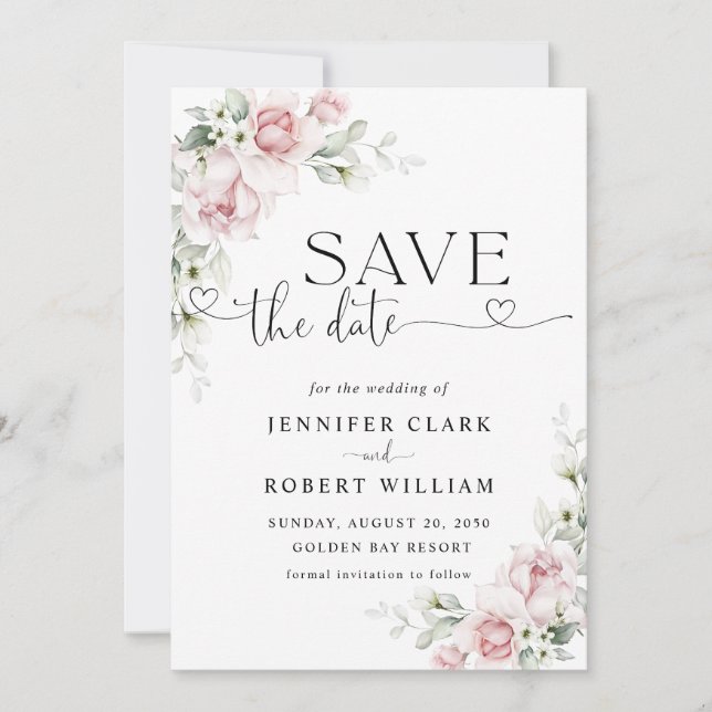 Blush Pink Roses Wedding Save The Date Invitation (Front)
