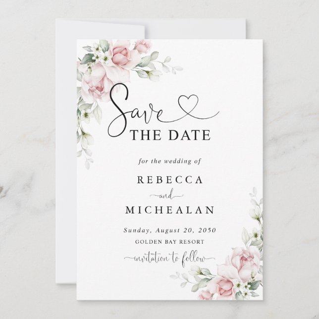 Blush Pink Roses Wedding Save The Date Invitation (Front)