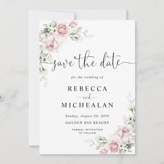 Blush Pink Roses Wedding Save The Date Invitation (Front)