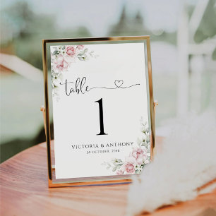 Blush Pink Roses Wedding Table Number Card