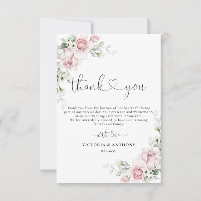 Blush Pink Roses Wedding Thank You Card (Front)