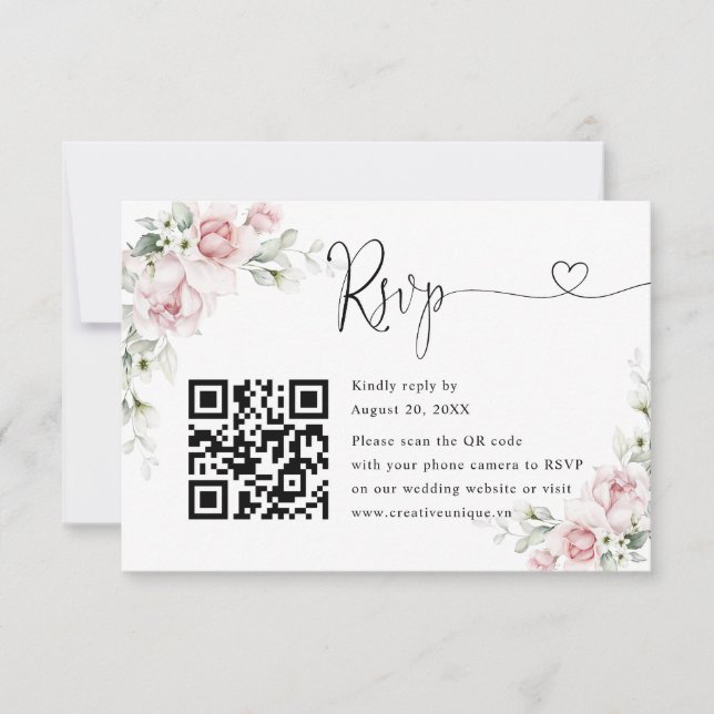 Blush Pink Roses Wedding Website QR Code RSVP  Card (Front)