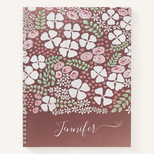 Blush Pink Roses White Floral Pattern Rose Gold  Notebook (Front)
