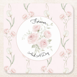 Blush Pink Roses White Tulips Wedding Square Paper Coaster