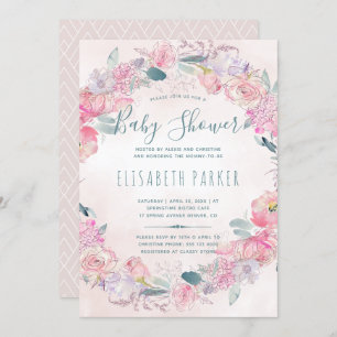 Blush pink roses wreath chic romantic baby shower invitation