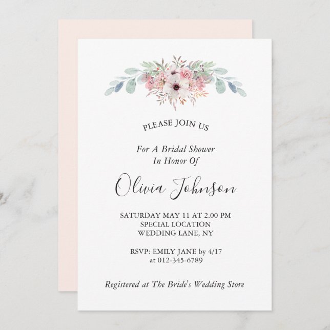 Blush Pink Rustic Eucalyptus Bridal Shower  Invitation (Front/Back)