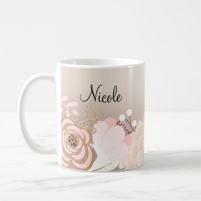 Blush Pink Rustic Glam Floral Flowers Personalised Coffee Mug (Left)