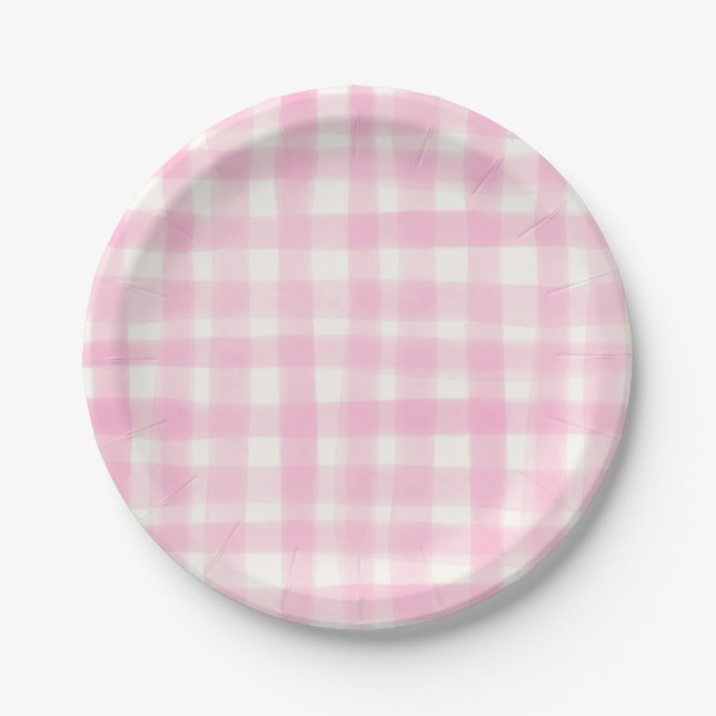Blush Pink Rustic Hand-Drawn Gingham Paper Plate (Front)