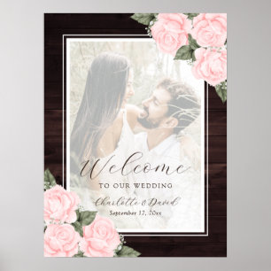Blush Pink Rustic Wood Floral Photo Welcome Sign