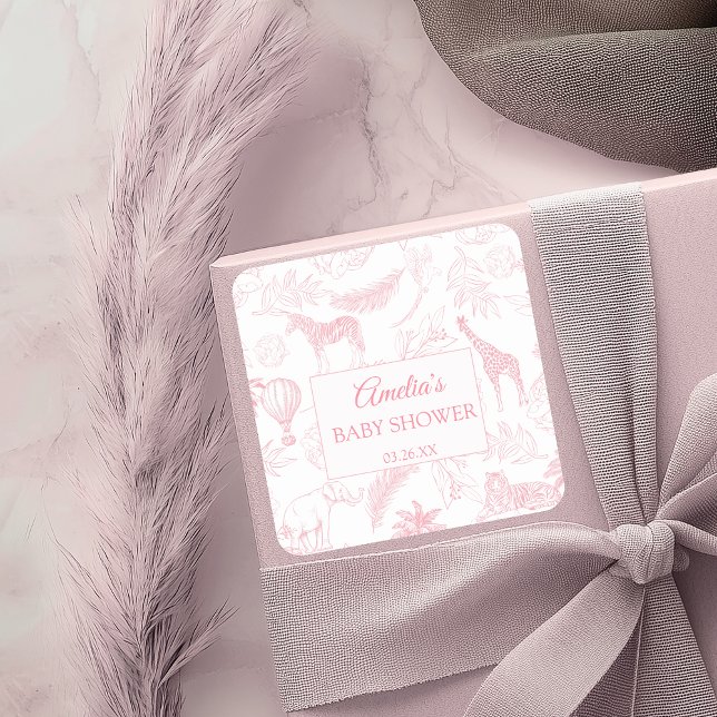 Blush Pink Safari Jungle Animals Baby Shower  Square Sticker (Creator Uploaded)