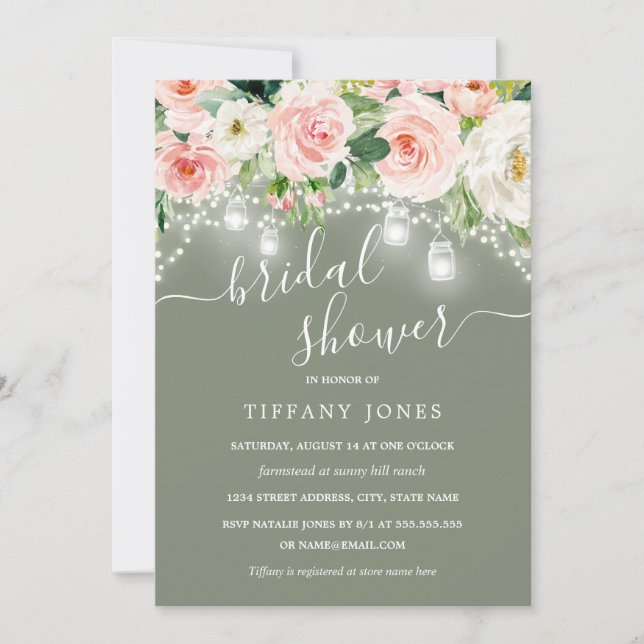 Blush Pink Sage Floral Lights Bridal Shower Invitation (Front)