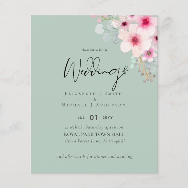 Blush Pink Sage Floral Wedding INVITES Budget (Front)