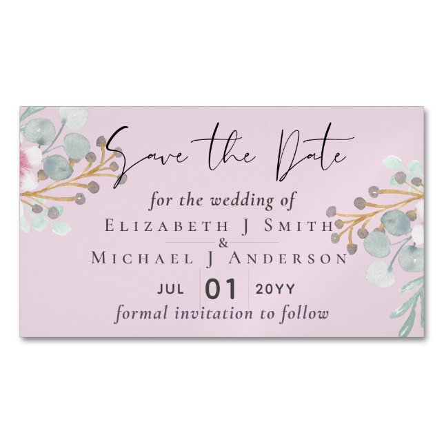 Blush Pink Sage Floral Wedding Save the Dates Magnetic Business Card (Front)
