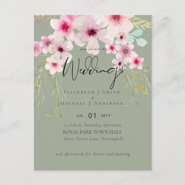 Blush Pink Sage Floral Wedding Script Budget Postcard (Front)