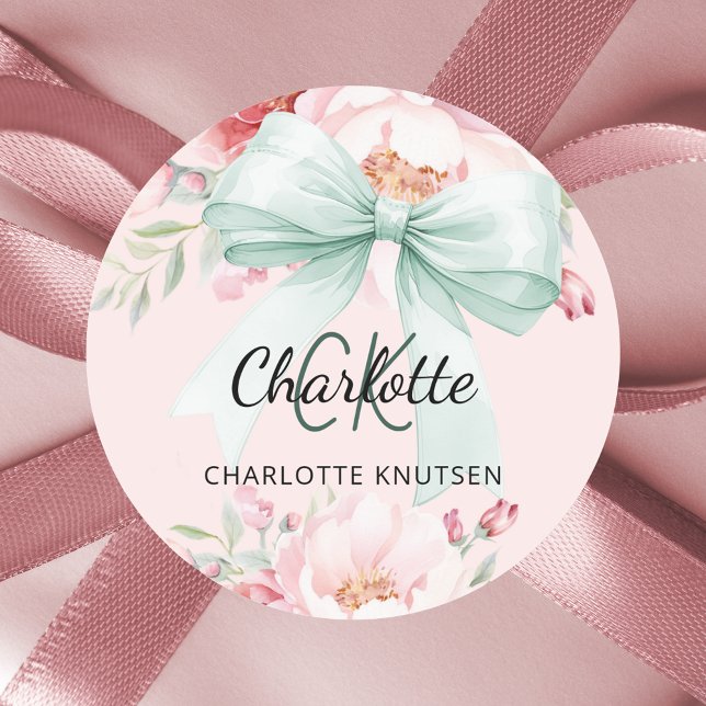 Blush pink sage greeh bow florals monogram classic round sticker (Creator Uploaded)