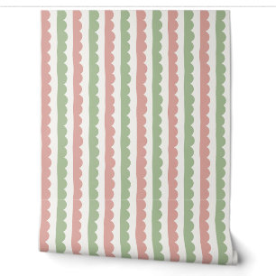 Blush Pink, Sage Green and White Scalloped Stripe Wallpaper